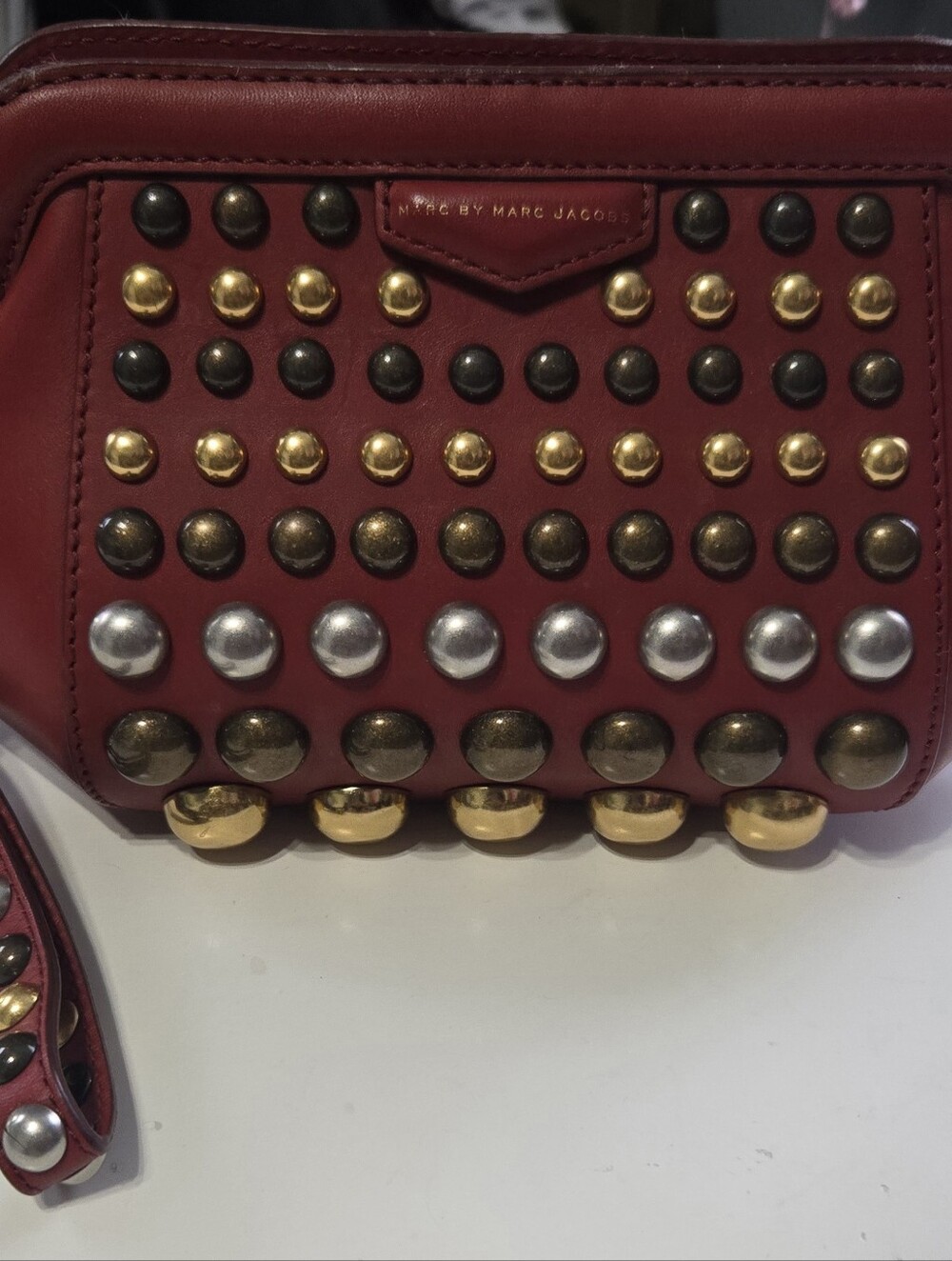 Marc By Marc Jacobs Red Leather Studded Wristlet with Mixed Metal Accents